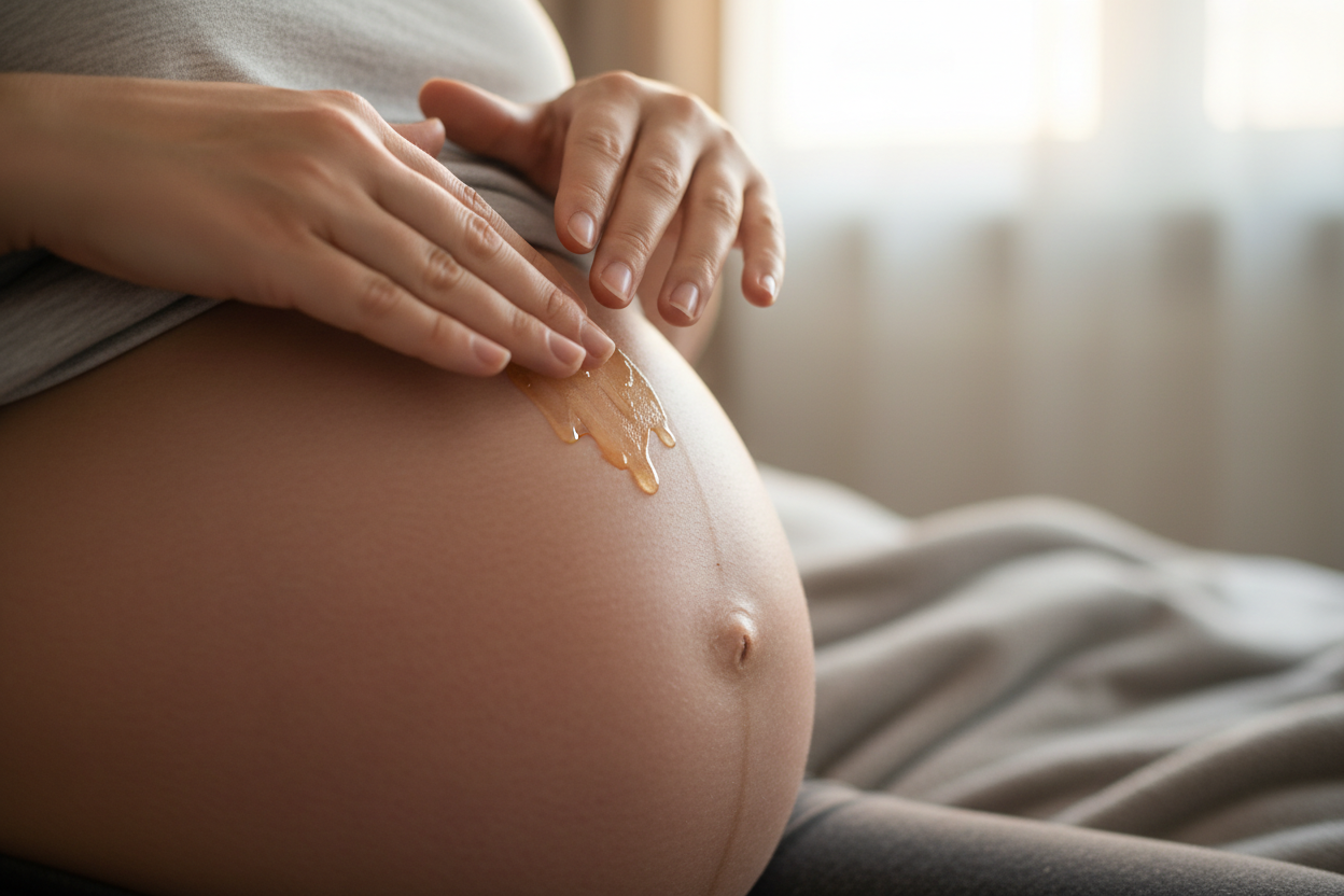 a mums belly with her puttting oil into stretch marks 