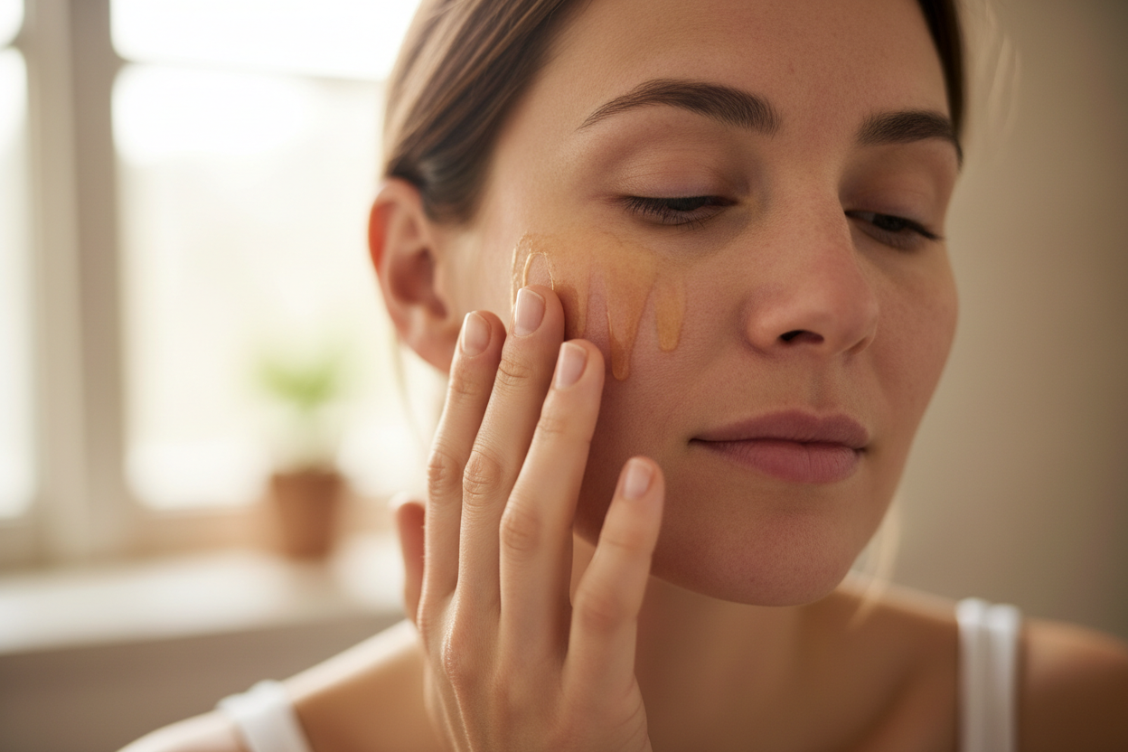 an woman with bad skin demititis putting on oil 