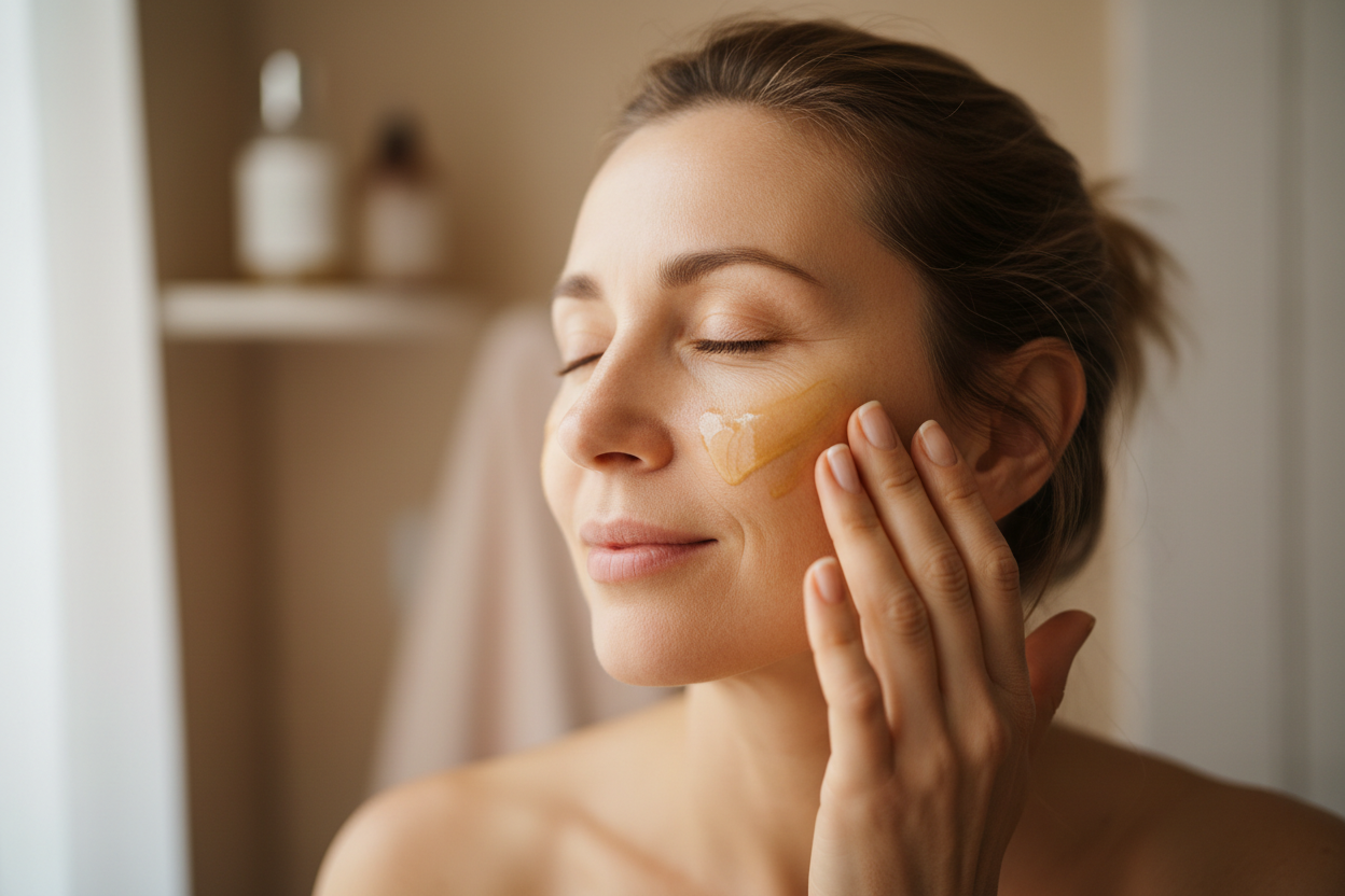 more facial look like shes putting on skincare oils 